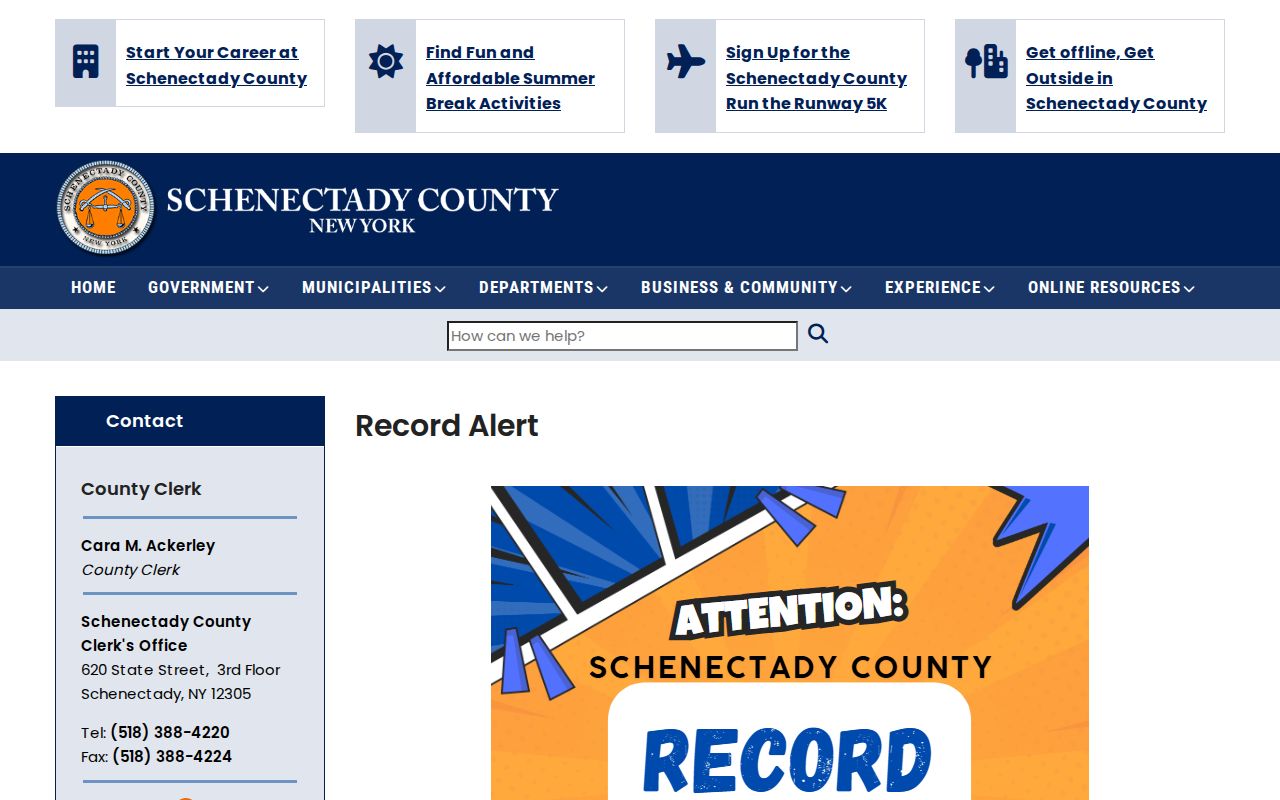 Schenectady previous residents County Clerk Record Alert page
